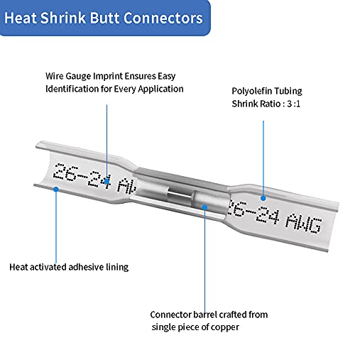 Heat Shrink Butt Connectors, 26-24 AWG Marine Grade Insulated Crimp Wire Connectors, Waterproof Electrical Connectors Butt Splice for Boat Truck Wiring - size: 26-24 AWG (White)