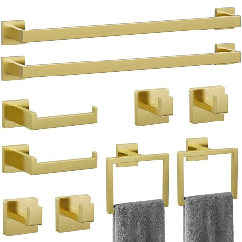10-Pieces Brushed Gold Bathroom Accessories, 24 Inch Gold Towel Bar Set - color: Brushed Gold, size: 26 Inch (10 Pieces)