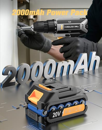 Cordless Drill, 20V MAX Power Drill Set with 2.0Ah Power Pack & Charger, 3/8 Inch Keyless Chuck, Variable Speed, 25+1 Position and 56PCS Bits/Screws, Power Tools for Home Projects - color: Grey