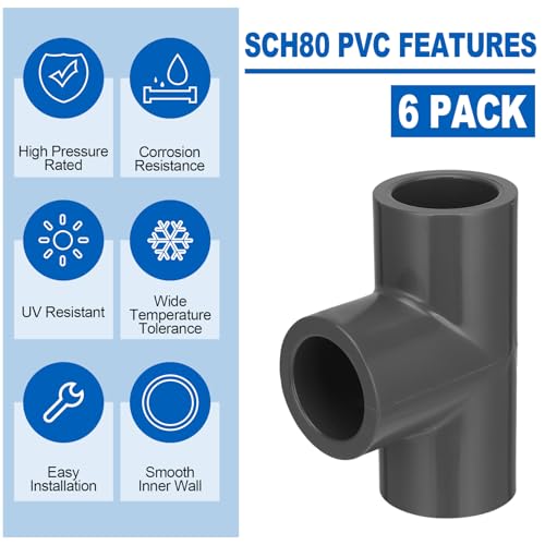 6 pack Schedule 80 PVC Pipe Fitting Tee, 3/4" Socket, Compatible with 801 Series, Heavy Duty Gray PVC Tee for Industrial, Irrigation & Plumbing Applications - size: 3/4"socket