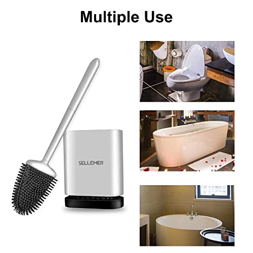 Sellemer Silicone Toilet Brush, Ventilation Slots Base Holder 2 Pack Silver - color: Silver-2pcs