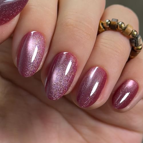 CurvLife Short Almond Fall Press On Nails, Pink Purple Cat Eye, Soft Gel - color: Cat Eye Pink