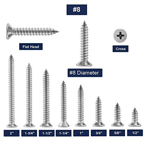 #8 x 1 Wood Screw 100Pcs 18-8 (304) Stainless Steel Screws Flat Head Phillips Fast Self Tapping Drywall Screws by SG TZH - size: #8 x 1"