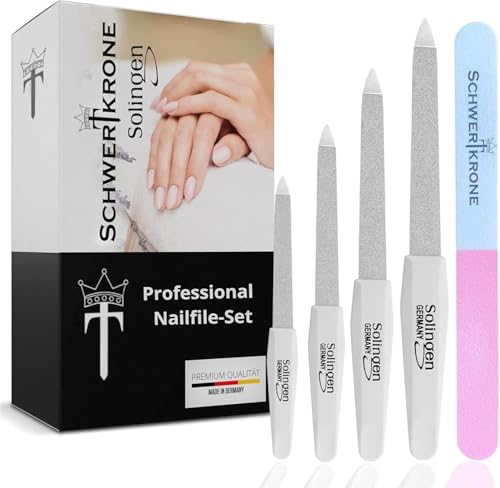 Schwertkrone Professional Nail File Set – 4 Sapphire Metal Nail Files Made in Solingen, Germany & 1 Nail Buffer – Durable Manicure Tools for Natural & Acrylic Nails