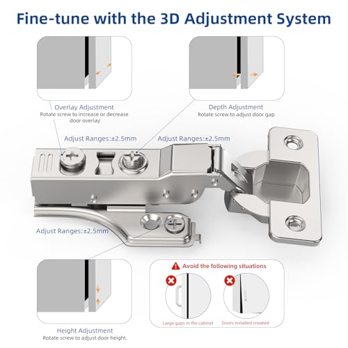 Chibery 4 Pack 1/4" Partial Overlay Soft Close Concealed Hinge for Face Frame ＆ Frameless Door, 3D Adjustment, Clip-on Plate, Slow Self Closing Hidden Satin Nickel, 105° Stainless Steel Hinges, 3/8" - size: Partial Overlay