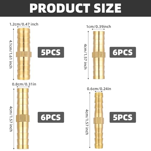 22Pcs Brass Barbed Hose Fittings, 1/4" 5/16" 3/8" 1/2" (6mm/8mm/10mm/12mm) Hose Barb Splicer Mender, Durable Hose Barb Fittings for Air/Fuel/Water/Oil Hose, Corrosion-Resistant Hose Connectors