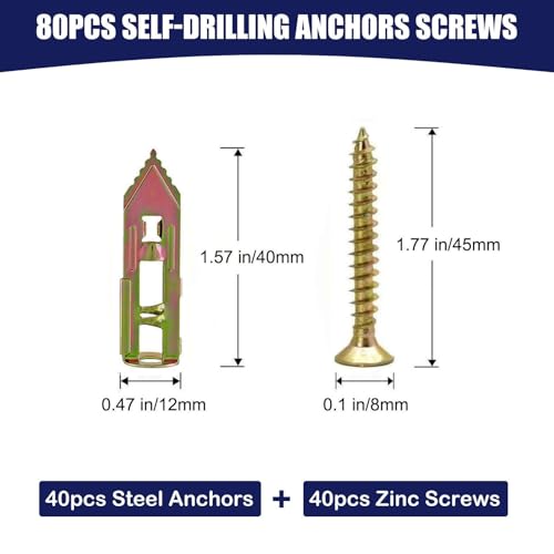 Maozaa 80Pcs Self Drilling Drywall Anchors with Screws Kit, 0.47x1.57 Inch Heavy Duty Grip Sheetrock Anchors for Wall, Zinc Plated Metal Expansion Anchor No Drill or Holes in Wall - size: 80PCS 0.47x1.57 inch