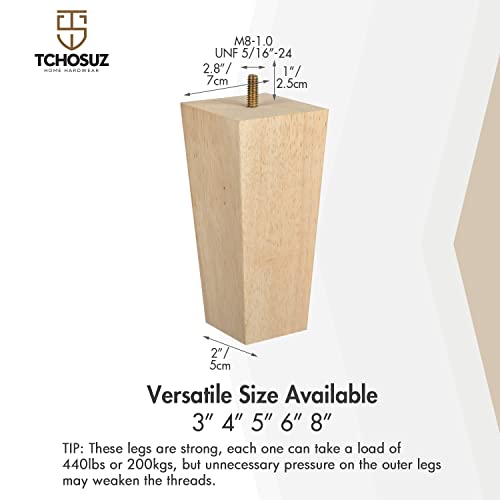 6 inch / 15cm Wooden Furniture Legs, Pack of 4 Mid Century Modern Solid Wood Unfinished Pyramid Square DIY Replacement Feet with 5/16" Hanger Bolts & T-Nuts for Sofa Couch Bed Recliner Riser - color: Unfinished, size: 6''/15cm