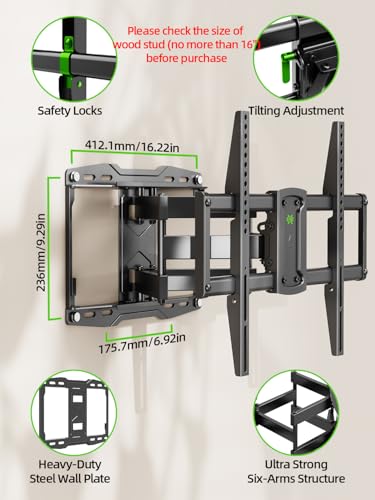 Full Motion TV Wall Mount for 42 55 65 75 85 86 inch, TV Mount Swivel and Tilt,Wall Mount Bracket with Dual Articulating Arms Up to 132lbs, VESA 600x400mm, Max 16" Wood Studs, USX Mount XML019 - size: 42-86 inch