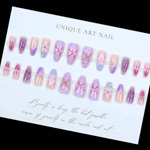 Flower Purple Pink Press on Nails Almond Medium 3D Embossed Flower Fake Nails with Flower Design Floral False Nail Acrylic Spring Summer Stick on Nail for Women 24Pcs - color: purple pink flower
