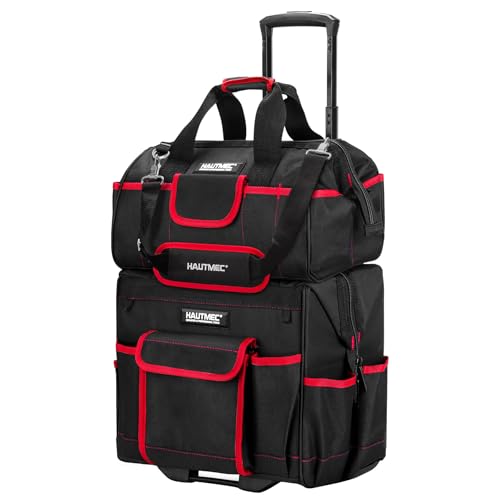 HAUTMEC 2-Piece Rolling Tool Bag Set, 15" Wheeled Tool Bag & Wide Mouth Tool Tote, Heavy-Duty Tool Storage Organizer with Durable Off-Road Wheel, Steel Telescoping Handle & Shoulder Strap – HT0288 - style: 2-Pcs Set | Black