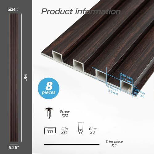 Art3d 96 x 6 Inch WPC Wood Diffuser Slat Wall Panel, 8-Pack, Black Walnut - color: Walnut, size: 96*6