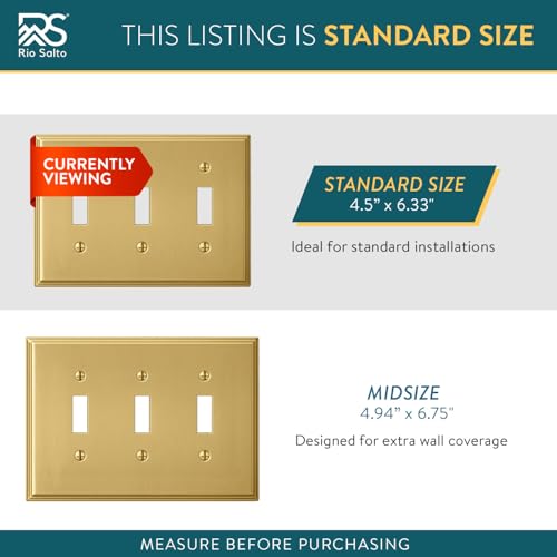 Rio Salto BRASS Gold Decorative 3 Light Switch Cover Triple Toggle Switch Plate Flip Switch Brushed Brass Gold Premium Wall Plate Covers — Deco Collection, Standard 4.50" x 6.33" - color: Toggle Switch 3-Gang (1-Pack)
