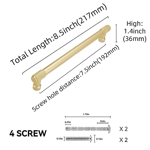 10 Pack 7.5 inch(192mm) Brushed Brass Kitchen Cabinet Handles Knurled Cabinet Pulls Gold Drawer Pulls Cabinet Hardware Kitchen Handles Drawer Pulls Dresser Handles - color: Brushed Brass, size: 7-1/2" Hole Center