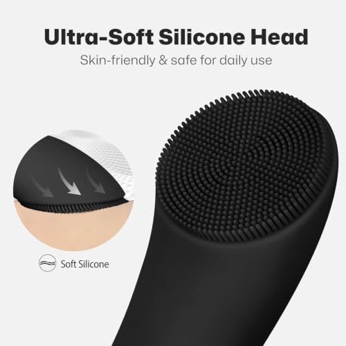 PRITECH Facial Cleansing Brush, Rechargeable Silicone Face Scrubber with Heat Massage End, Vibrating Exfoliator Scrubber for Deep Cleaning, Waterproof Face Brush for Women and Men (Black) - color: Black