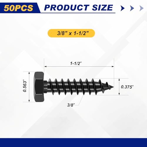Zonon 50 Pcs 3/8'' X 1-1/2'' Hex Head Lag Bolts Screws with Washers, Black - color: Black, size: 3/8'' X 1-1/2''