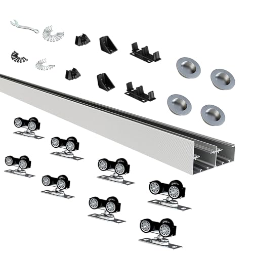 JUBEST 8FT/96" Bypass Door Hardware,Heavy Duty Aluminum Sliding Closet Door Hardware Set with Finger Pulls for 4 Doors System,Sturdiness and Smoothly,Easy to Insatll,Silver - size: 8 feet for 4 doors