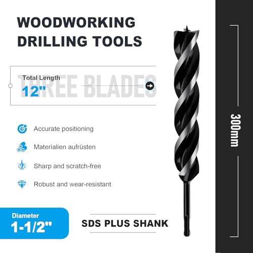1-1/2" x 12" Auger Drill Bit with SDS Plus Shank for Wood - size: 1-1/2"x12"