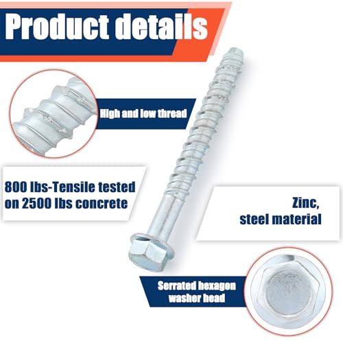 Tandefio 100 Pack 1/2 x 5 Concrete Anchors and Screw Kits Galvanized - size: 1/2" X 5"