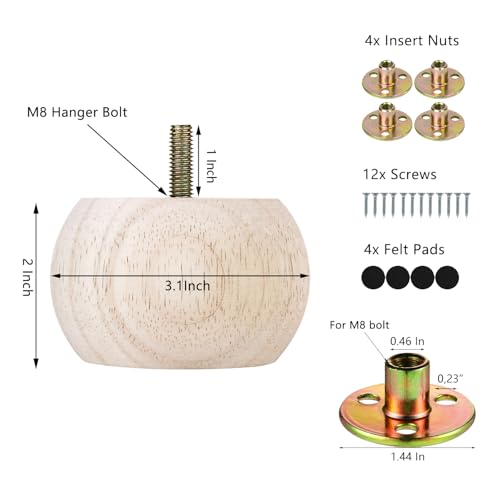 Michanco 2 Inch Bun Feet for Furniture Set of 4 Unfinished DIY Wood Furniture Legs for Couch Sofa Ottoman - color: 2 Inch Unfinished