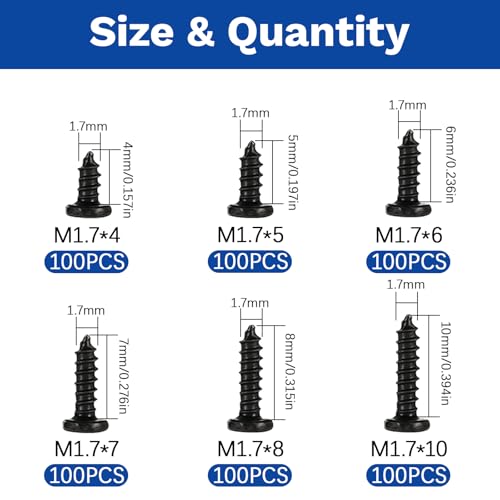 600Pcs M1.7x4/5/6/7/8/10 Self-Tapping Wood Screws Assortment Kit, Phillips Pan Head, Black Carbon Steel, 6 Sizes, for Wood Plastic and Soft Metal - size: M1.7x4/5/6/7/8/10-600Pcs