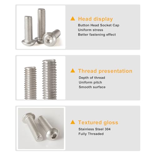 M6 x 10mm 20mm 30mm 40mm Button Head Socket Cap Screws Bolts and Nuts, Stainless Steel 304, Bright Finish, Metric Allen Hex Drive, Fully Thread, Assortment Kit 80PCS - size: Button M6x10-40mm+Nuts