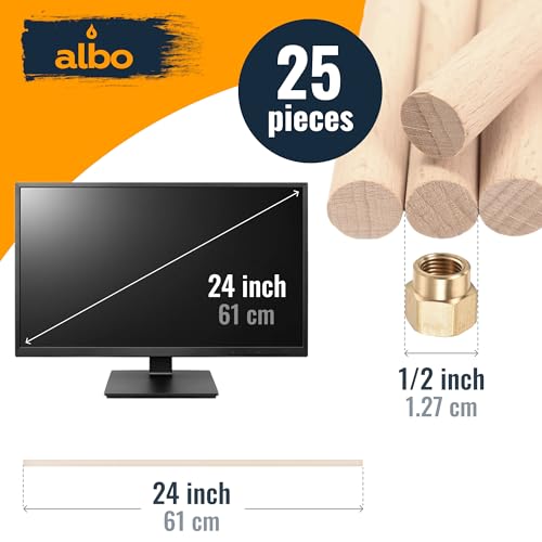 ALBO 1/2" x 24" Wooden Dowel Rods Set - 25 Pack Birch Natural Thin Hardwood Craft Rods Furniture Parts Hangers Toys Smooth Finish Suitable Crafts Decor DIY Bulk Professional - size: 1/2" x 24" 25 Pcs