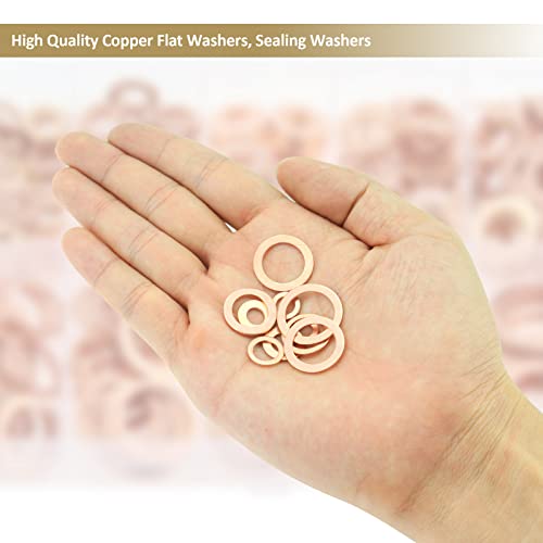 225 Pieces Copper Metric Flat Washers, Sealing Washers, Kindroufly 10 Sizes Copper Washers, Metal Washers Assortment Kit (M5 M6 M8 M10 M12 M14 M16)