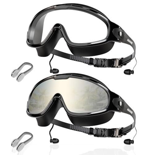 Aegend New Adult Wide View Swim Goggles, Anti-Fog/UV No Leak Swimming Goggles with Ear Plugs for Men & Women - color: Bright Silver & Clear Black