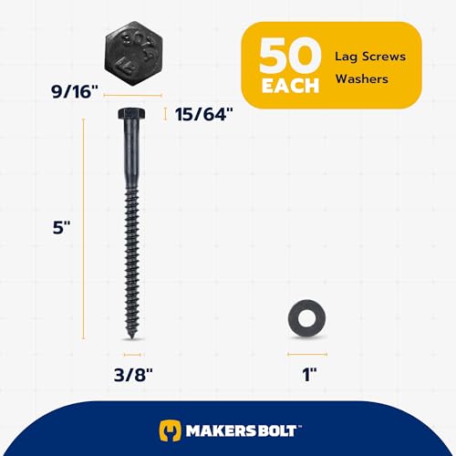 3/8 x 5 (50 Pack) Lag Screw Kit, 50 Screws and 50 Washers, Ceramic Black Ruspert Coating for Exterior Use, Meets ASTM A307 and ASME B18.2.1, Industrial/Commerical Grade by Makers Bolt - size: 3/8 x 5