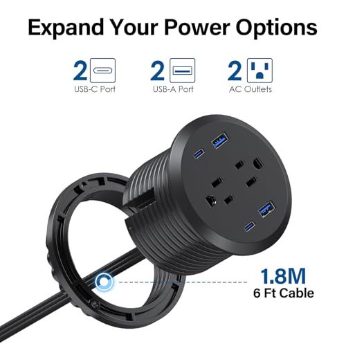 Desktop Power Grommet,GaN 65W USB C Fast Charging Station,2 AC Outlets,4 USB Ports in to the Top of Your Desk,Flush Mount Power Grommet 3-inch Hole,Countertop Recessed Outlet - color: Black, size: 1 Pack