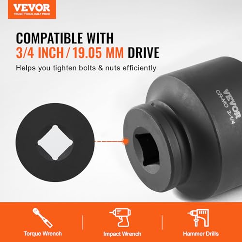VEVOR Axle Nut Impact Socket Set - 3/4" Drive 6-Point 8-Piece SAE Spindle Nut Socket CR-MO Heat Treated Large Socket Set with Storage Case for Auto Repair, Removing or Installing Axle Nuts - size: 3/4" 8 PCS CR-MO