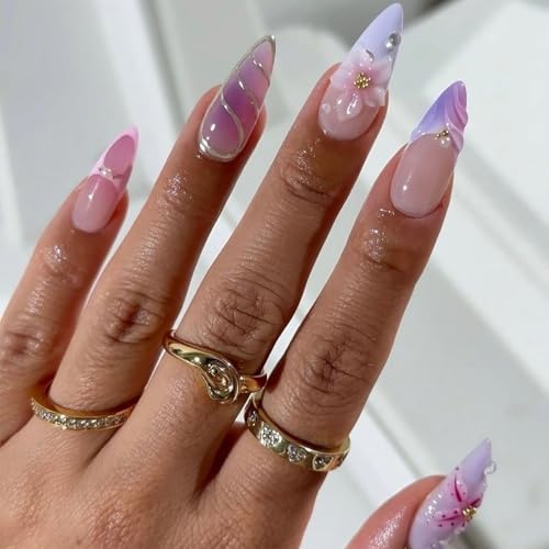 Flower Purple Pink Press on Nails Almond Medium 3D Embossed Flower Fake Nails with Flower Design Floral False Nail Acrylic Spring Summer Stick on Nail for Women 24Pcs - color: purple pink flower