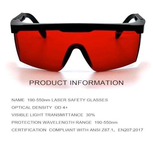 FreeMascot OD 4+ 190nm-550nm Wavelength Laser Safety Glasses for Typical 405nm, 445nm, 450nm,520nm,532nm Laser Light for Hair Removal Laser Treatment Eye Protection Goggles (Red)