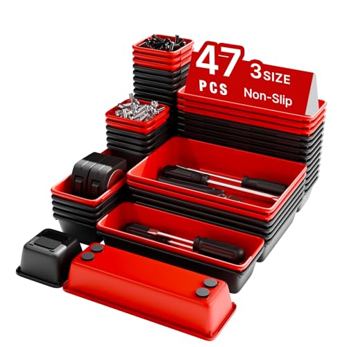 Toolbox Organizer Trays, Tool Chest Drawer Organizer with Non-Slip EVA Pads – 47pcs Red and Black Interlocking Trays for Workbench, Rolling Tool Cart, Garage - color: Red & Black 47PCS