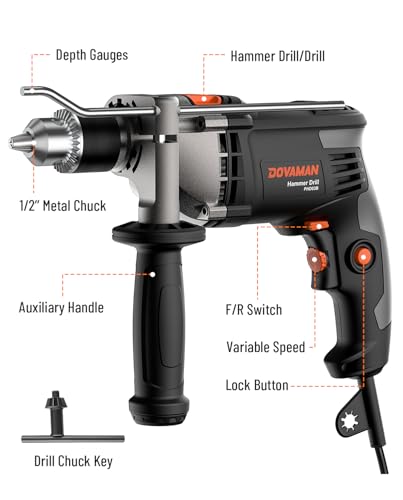 DOVAMAN 7.5A Corded Hammer Drill, 1/2'' Impact Drill
