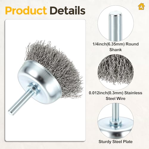 6pcs 2in Wire Cup Brush for Drill with 1/4in Shank, Stainless Steel | Crimped Wire Brush for Drill, [for Light Rust Deburring Paint Removal] - 0.012in Wires