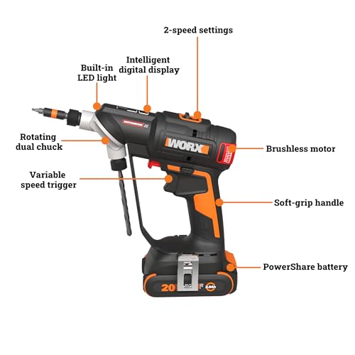 WORX Cordless Drill Driver, 20V 445 in·lb Brushless Power Drill Driver, Powerful Drilling and Driving, 2-in-1 Design, Intelligent Digital Display, Battery and Charger Included, PowerShare - style: 20V SwitchDriver Drill 2.0(Battery & Charger Included)