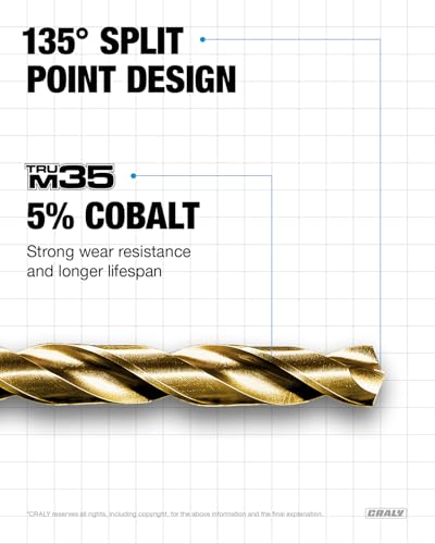CRALY 1/8 Inch 10-Pc Cobalt Drill Bit Pack, M35 HSS Titanium Coated Jobber Length Twist Drill Bits, 135 Degree Split Point, for Hard Metal, Stainless Steel, Cast Iron, Plastic - style: 1/8‘’ 10-Pack