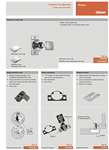 Blum 38N355B.10 Compact BLUMOTION 38N Hinge, Soft-Close, 105 Degree, 5/8 Overlay, Screw-on (Pack of 4)