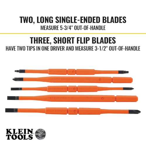 Klein Tools 32288 Insulated Screwdriver, 8-in-1 Screwdriver Set with Interchangeable Blades, 3 Phillips, 3 Slotted and 2 Square Tips - size: 8-in-1 Standard