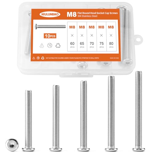 M8 x 60mm 65mm 70mm 75mm 80mm Flat Round Head Hex Socket Cap Screws Bolts, Furniture Screws, 304 Stainless Steel, Allen Hex Drive, Metric Fully Threaded, Bright Finish, Assortment Kit 10PCS - size: M8 x 60/65/70/75/80mm (10PCS)