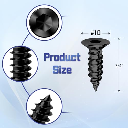75-Piece #10 x 3/4" Flat Head Hex Socket Self Tapping Screws - Black Zinc Plated Steel, Countersunk Wood Screws with Drive Bit, for Woodworking & Furniture Repair - size: #10 x 3/4"