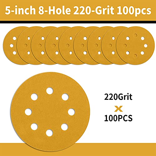 100 Pcs 5 Inch Sanding Discs Hook and Loop, 220 Grit Sandpaper for Woodworking or Automotive, 8 Hole Gold Premium Dustless Random Orbit Sandpaper - style: 220 Grit-100 Discs