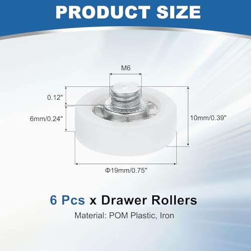 uxcell 6Pcs 19mm Drawer Rollers, M6 x 0.12" Thread Plastic Positioning Pulleys Flat Surface Small Drawer Pulley Bearing Replacement Wheel for Furniture Parts Cabinet Cupboard Slides - size: 19mm M6 x 0.12"