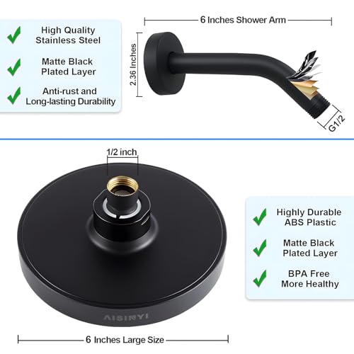 6" Rain Shower Head & 6" Shower Arm, Luxury Matte Black Finish - color: Matte Black, size: 6 Inch Round (1 PCS + Shower Arm)
