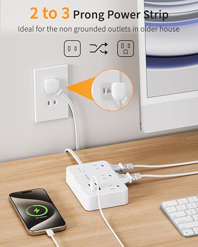 DEPOW 2 Prong to 3 Prong Adapter Power Strip-6 Outlets 4 USB Port (2USB-C - color: White, size: 5 FT(2 prong plug)