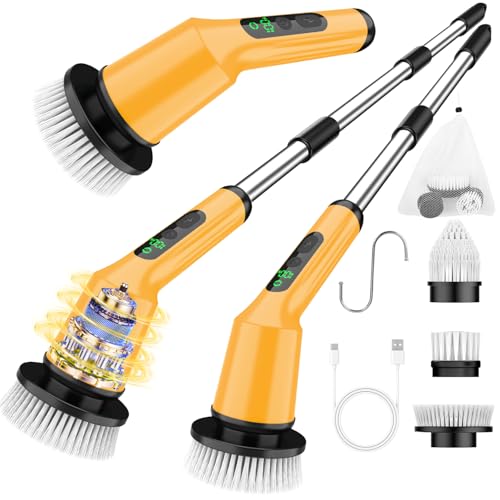 Electric Spin Scrubber for Bathroom, Shower Scrubber with Long Handle - color: Yellow, size: 3 Brush Heads