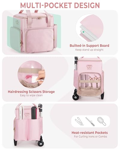 Rolling Hair Tools Travel Bag, Hairstylist Bag with Wheels, Pink - color: Pink