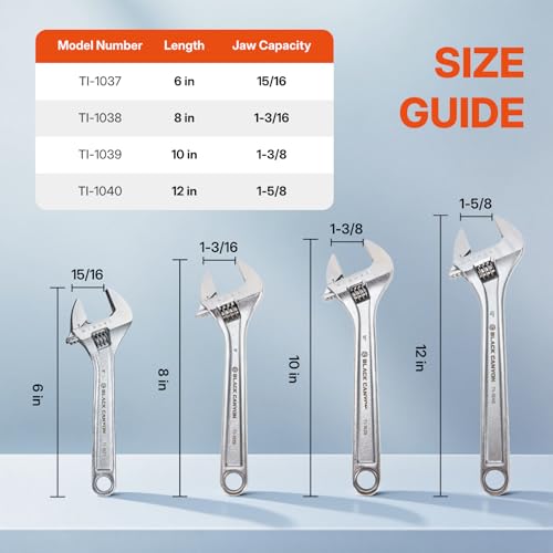 BLACK CANYON Adjustable Wrench Sets 12/10/8/6 Inch, Wide Jaw Spanner with Imperial and Metric, Premium Chrome Forged Steel for Automotive Plumbing, Household Repairs and DIY - size: 6/8/10/12 in